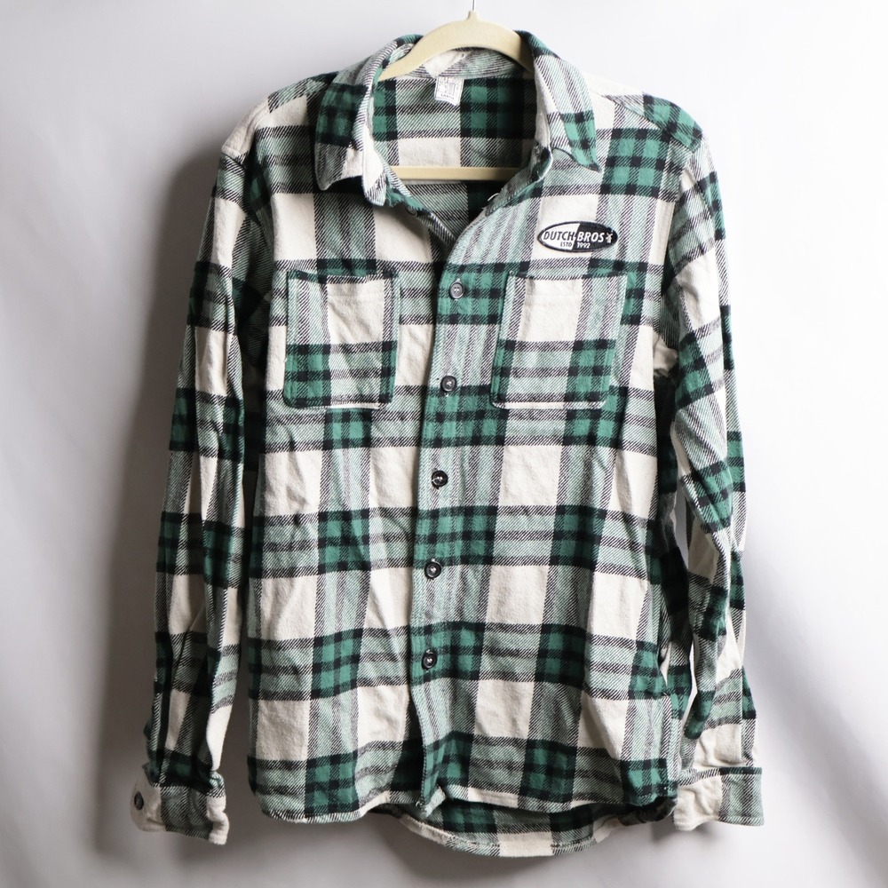 Dutch Bros Coffee Green White Plaid Flannel Button Down Shirt Mens‎ Large
